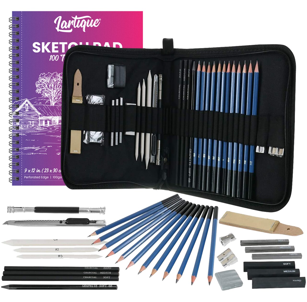 Lartique Art Supplies, 33 Piece Drawing Kit with Drawing Pencils